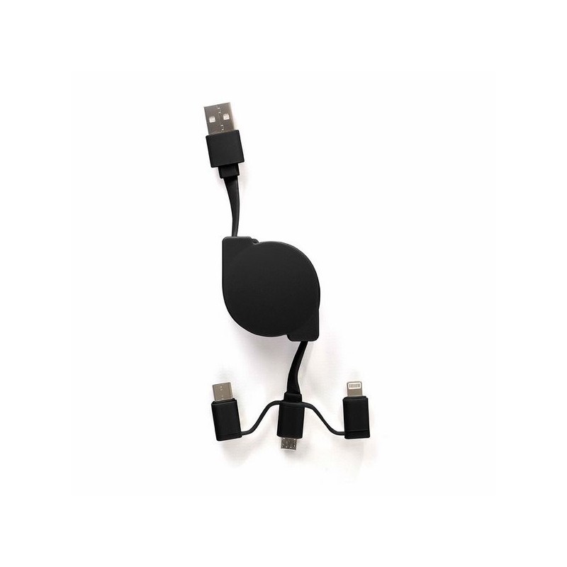 LIVOO - Câble USB rétractable 3 en 1 noir - Cable de charge à prix grossiste
