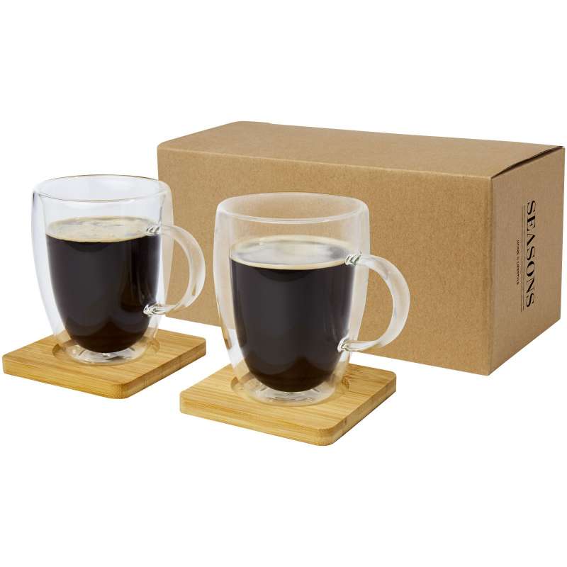 Manti 2-piece 350 ml double-walled glass mug with bambou coaster - glass mug at wholesale prices