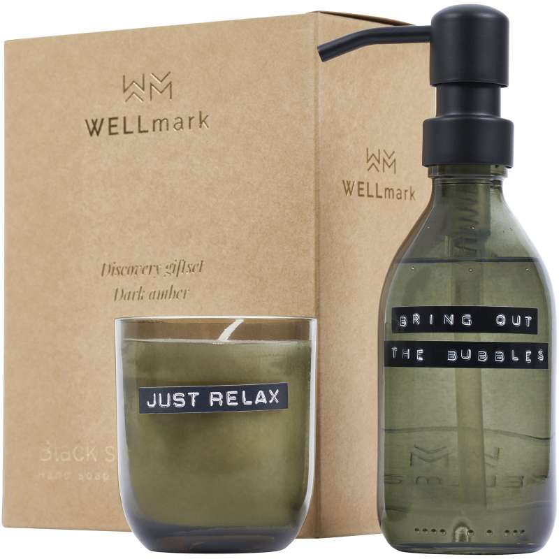 200 ml hand soap dispenser and 150 g WELLmarkDiscovery scented candle set - dark amber fragrance - Candle at wholesale prices