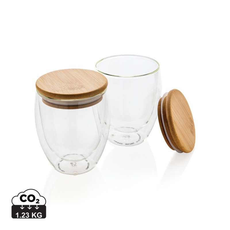 Set of 2 double-walled glasses 250ml with bambou lid - Wooden product at wholesale prices