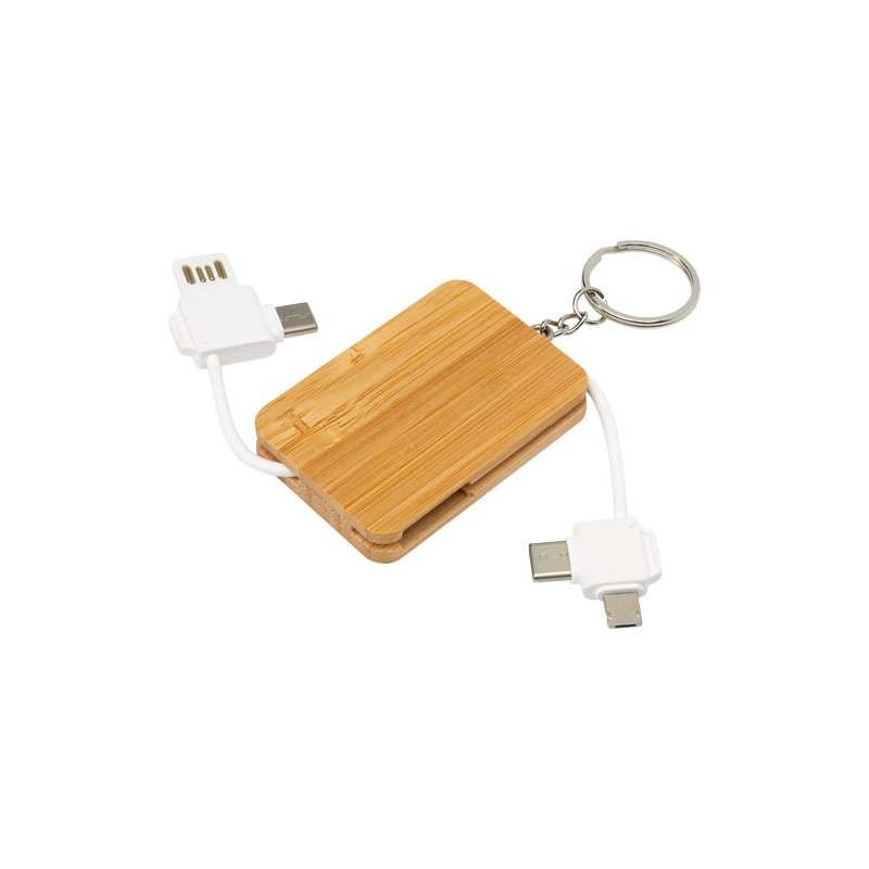 Câble de chargement Reel porte-clés en bambou rétractable 6-en-1 à prix grossiste - Cable de charge à prix de gros Câble de chargement Reel porte-clés en bambou rétractable 6-en-1 à prix grossiste - Cable de charge à prix de gros