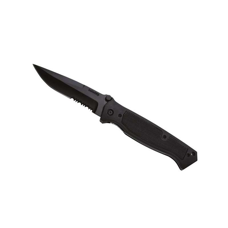 Cuchillo plegable negro con hoja microdentada - Artículo de ocio a precios de mayorista