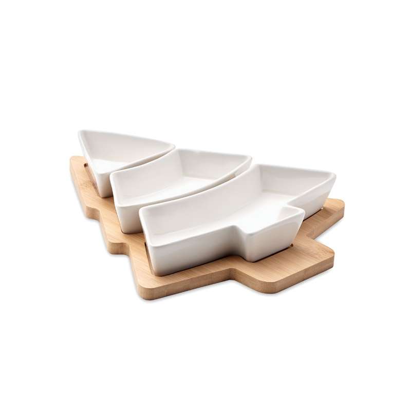 Bambus serveringsplade med tre keramiske rum til engrospris - Julepynt til engrospris