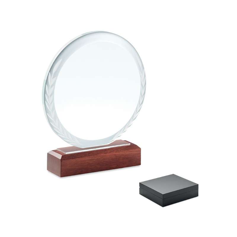Placa de Cristal Redonda com Base de Madeira - Troféu e medalha a preço grossista