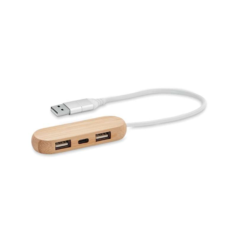 USB-hub med 3 portar i bambu 24 cm - Nav till grossistpris
