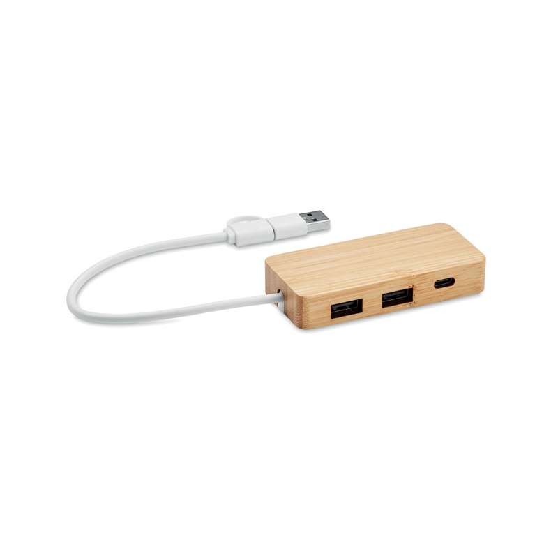 USB Hub med 3 porte i bambus  - Hub til engrospris