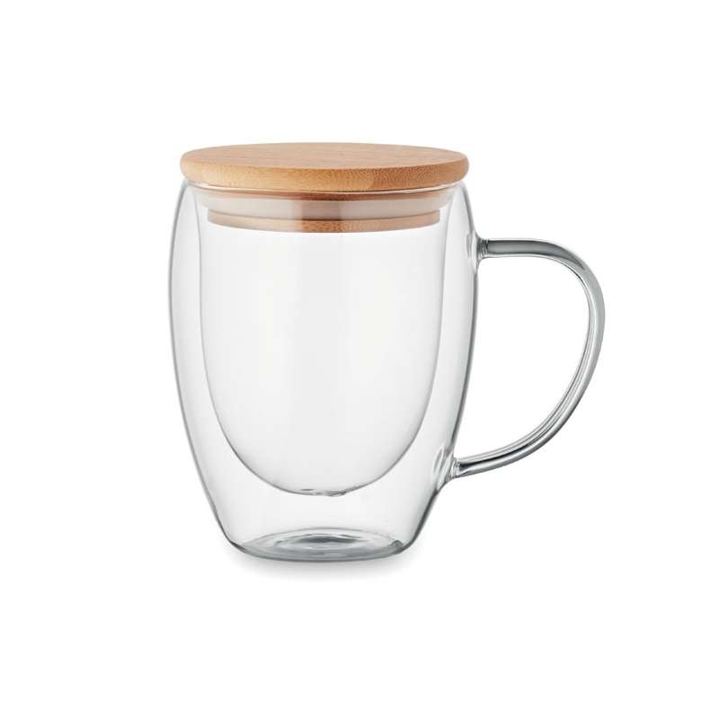 Dubbelskikts glasmugg 300 ml med bambulock till grossistpris - Mugg till grossistpris