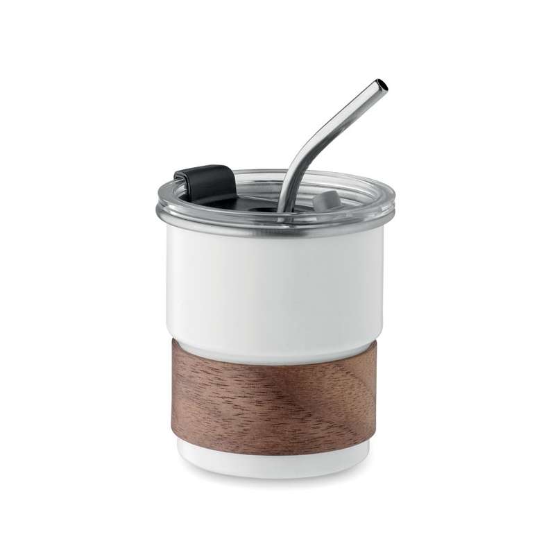 Einwandiger Edelstahlbecher 260 ml mit Holzmanschette - Glas mit Strohhalm zu Großhandelspreisen