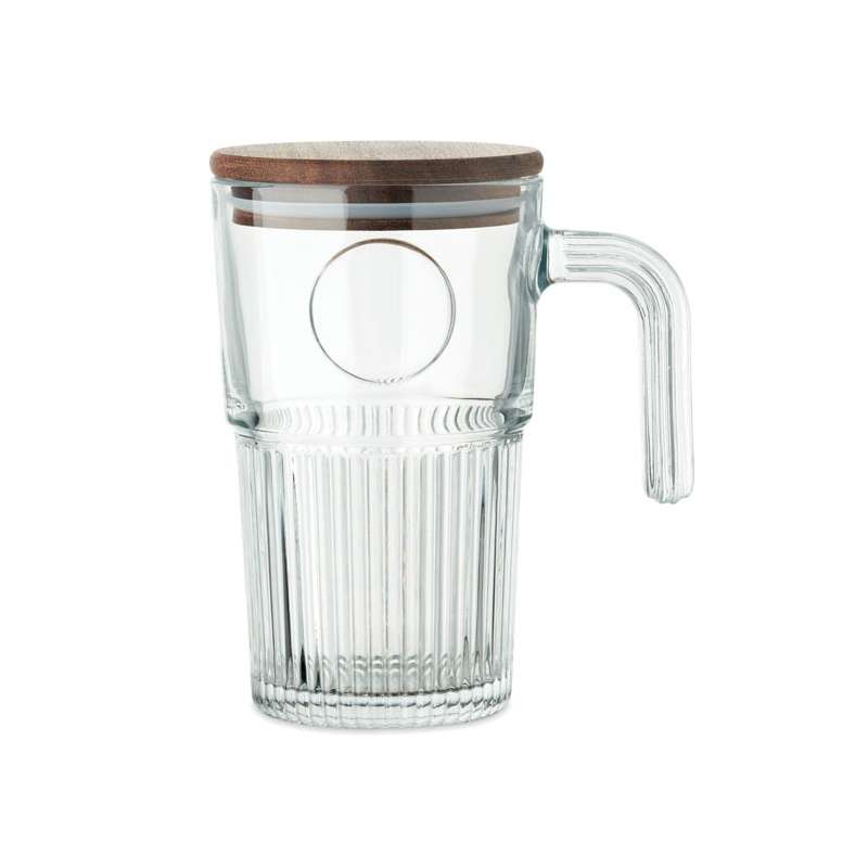 Glazen Mok met Acacia Deksel 450ml - Mok hoog Tumbler tegen groothandelsprijzen