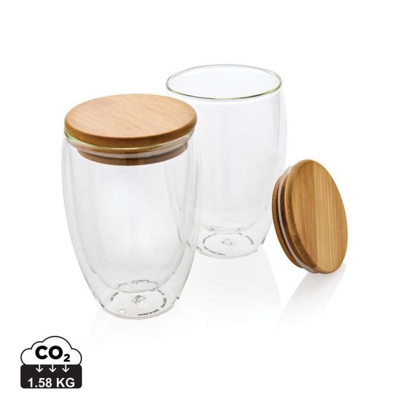 Set de 2 Verres double paroi 350ml avec couvercle en bambou à prix de gros - Verre à prix grossiste
