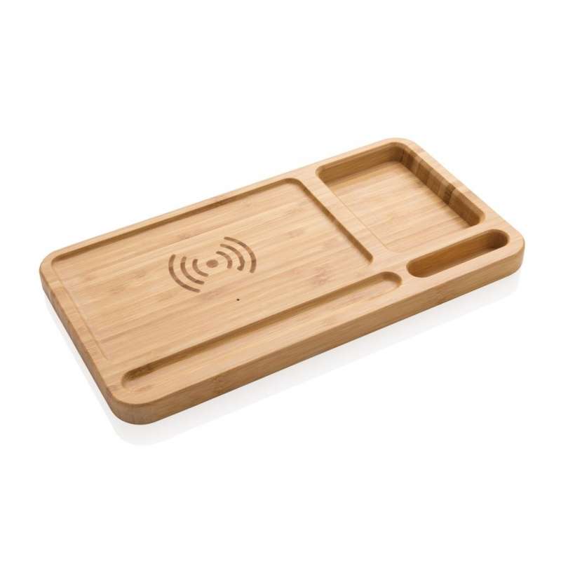 Bamboo desk organizer with 10 Watts FSC® charger - Wireless charger at wholesale prices