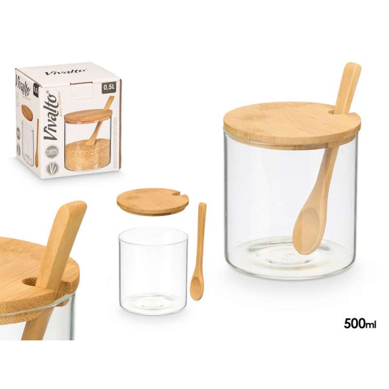 sucrier en borosilicate, couvercle en bambou 500ml à prix de gros - sucrier à prix grossiste