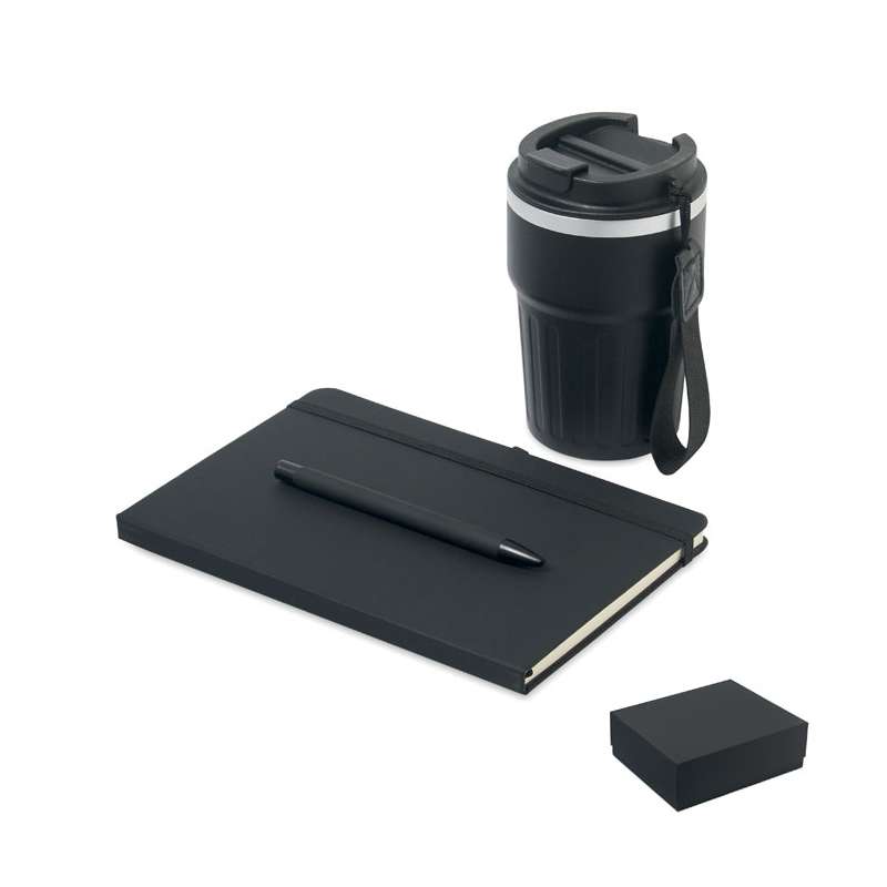 Estuche ecológico con bolígrafo, libreta y vaso de inox - Cesta de regalo a precios de mayorista
