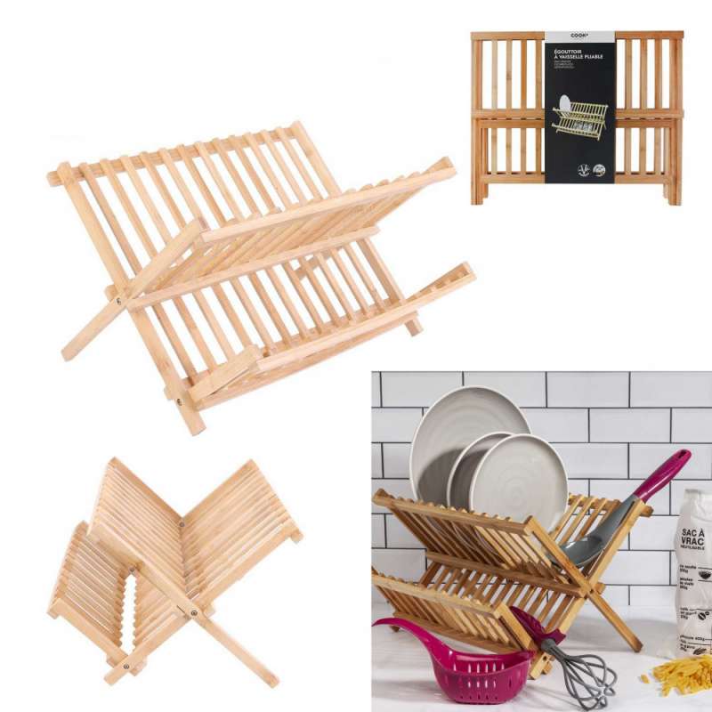 Escorredor de pratos dobrável em bambu - escorredor a preço grossista