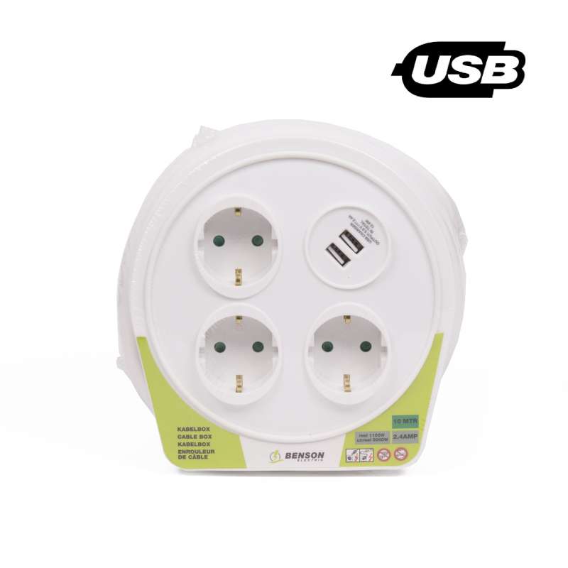 Bobina de cable de 10 m con USB 2,4 A - regleta a precios de mayorista