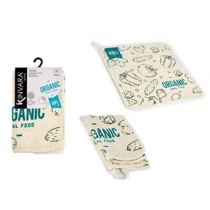 Groene en witte biologische badstof handdoek - The translation of "Torchon" in Dutch (Netherlands) is "Keukenhanddoek". tegen groothandelsprijzen