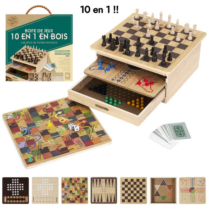 Holzkiste mit 10 verschiedenen Spielen - Solitaire-Spiel zu Großhandelspreisen