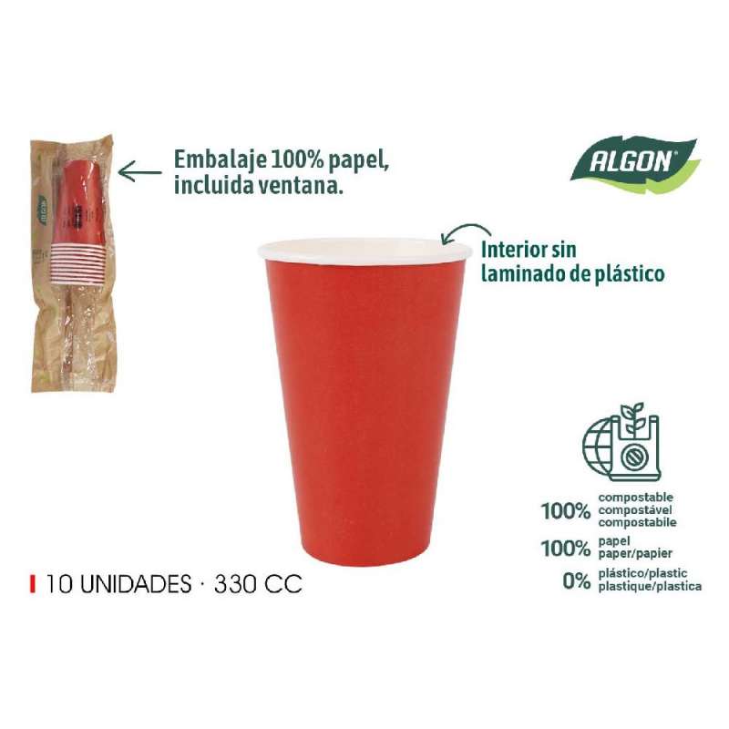 lot de 10 gobelets en carton rouge 330ccm algon - gobelet à usage unique à prix grossiste