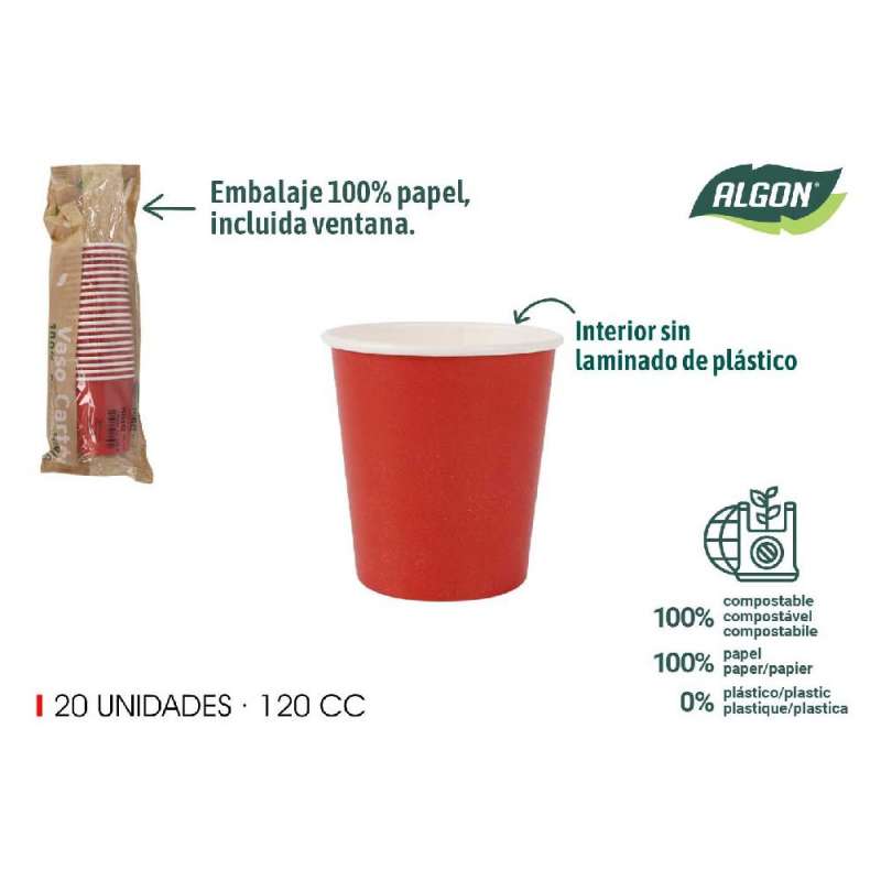 Lote de 20 vasos de cartón rojos - vaso desechable a precios de mayorista