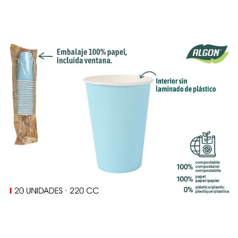 lot de 20 gobelets en carton bleu bébé 220ccm algo - gobelet à usage unique à prix de gros