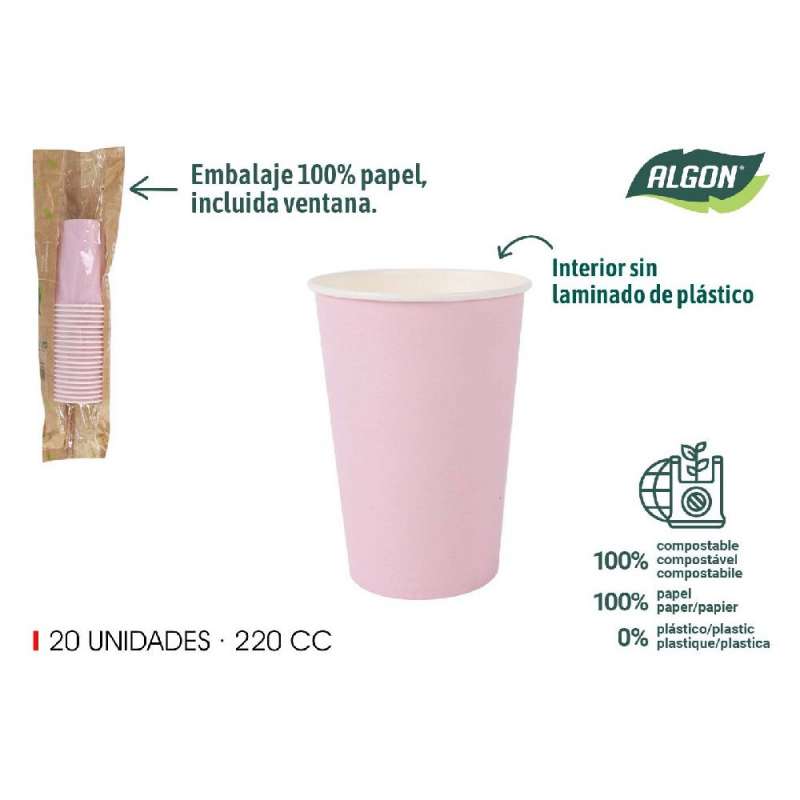 lot de 20 gobelets en carton rose bébé 220ccm algo - gobelet à usage unique à prix grossiste