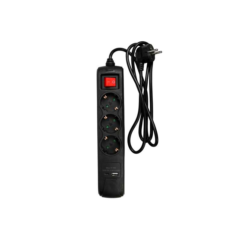 Sort USB-forlænger med 3 stik og kontakt - forlængerledning til engrospris