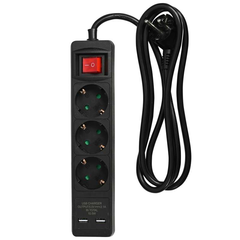 Sort 3-vejs forlængerledning med USB til engrospris - forlængerledning til engrospris