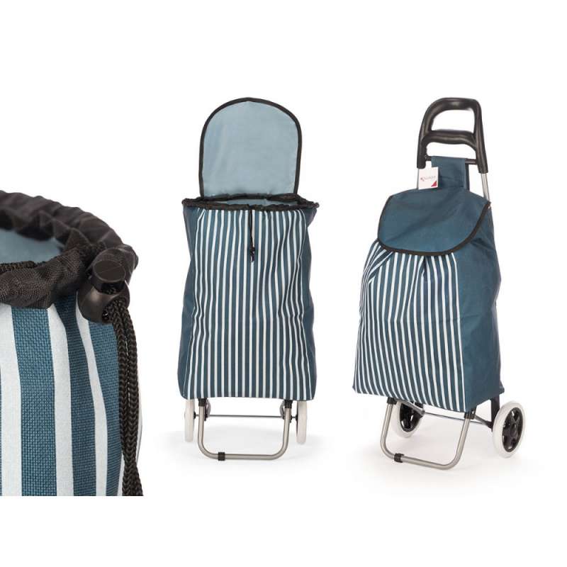 chariot de supermarché 2 roues rayures bleu - Chariot de course à prix grossiste