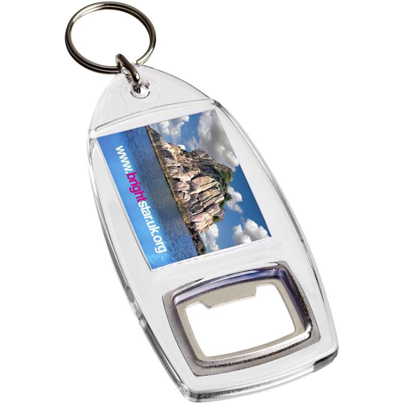 Transparent nyckelring med flasköppnare 9,7 x 4,7 cm - Ölöppnare till grossistpris