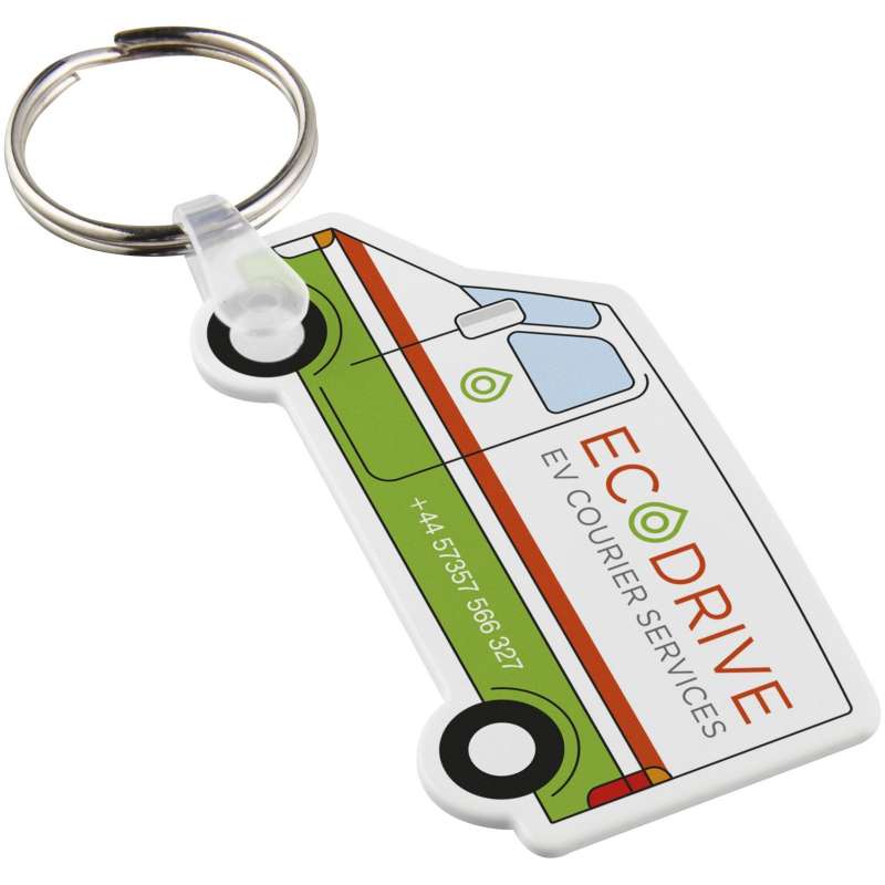 Recycled White Minibus Keychain, 6x3.2 cm - Recyclable accessory at wholesale prices