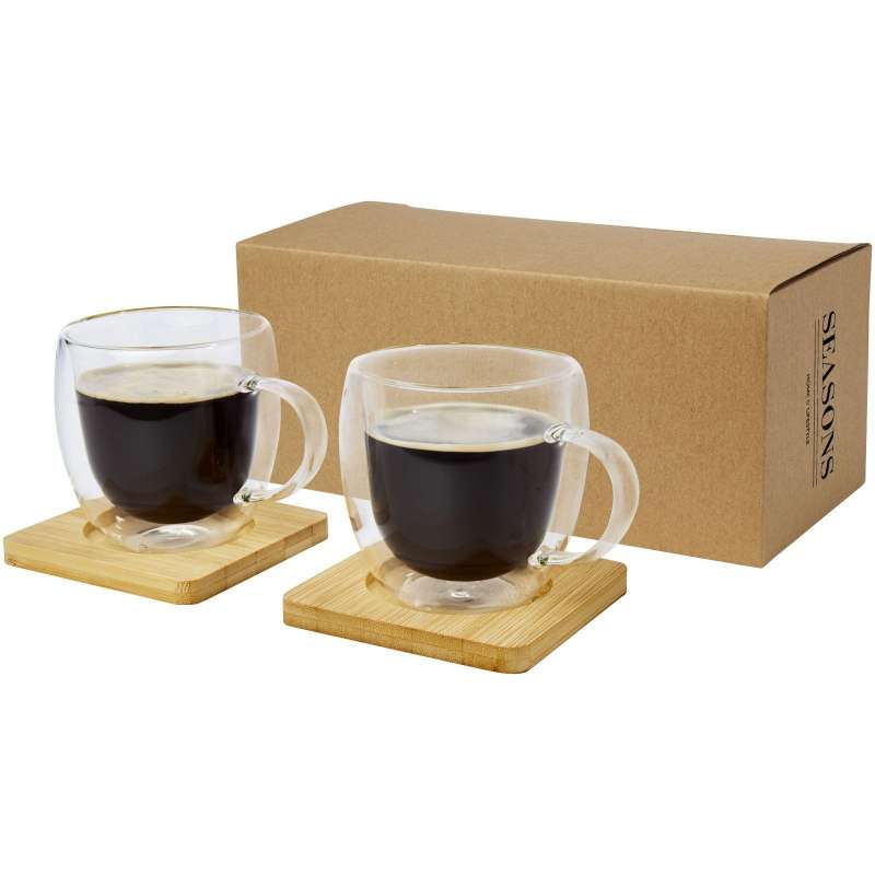 Set van 2 glazen met bamboe onderzetter 250 ml - koffiekop tegen groothandelsprijzen