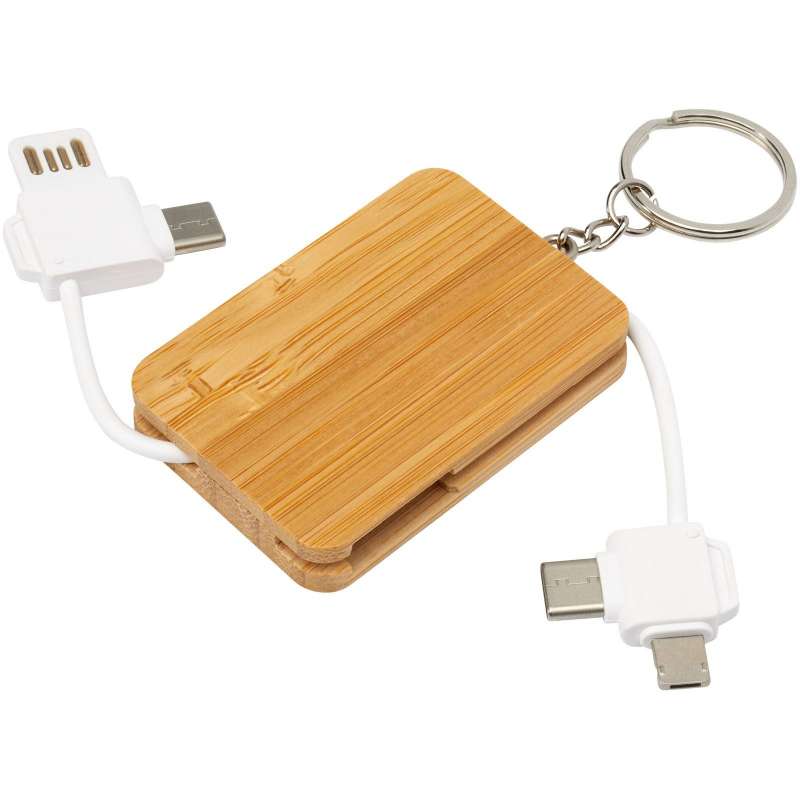 Câble de chargement Reel porte-clés en bambou rétractable 6-en-1 à prix grossiste - Cable de charge à prix de gros
