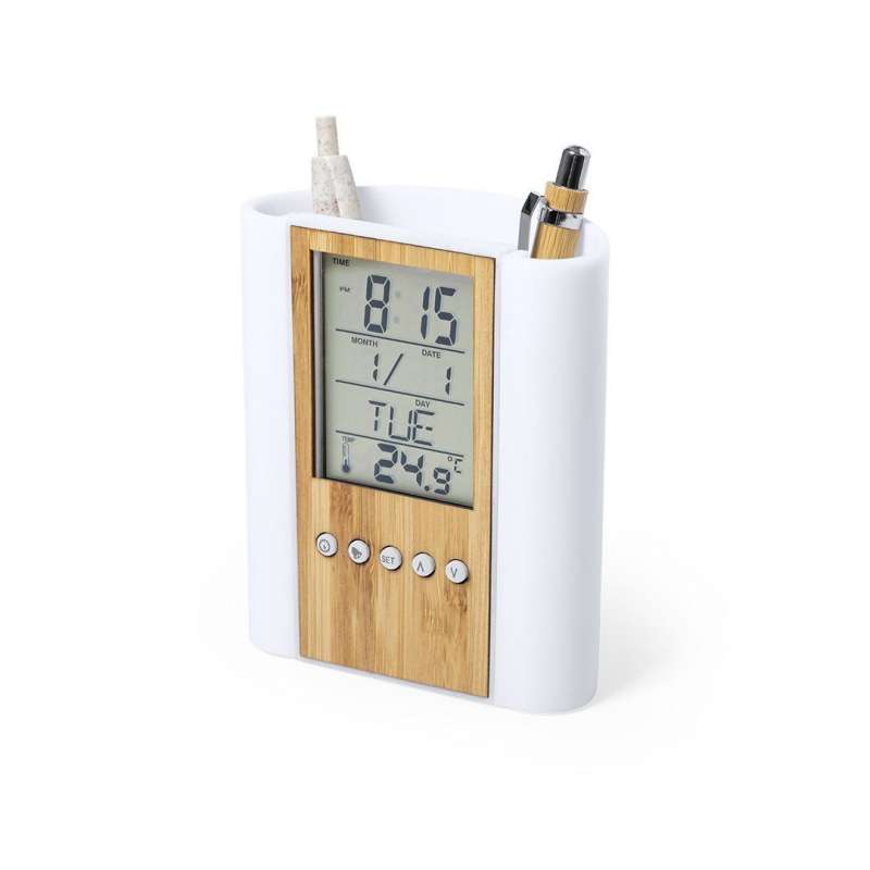 Multifunktionel Blyantsholder med Ur i Bambus - Elektronisk termometer til engrospris