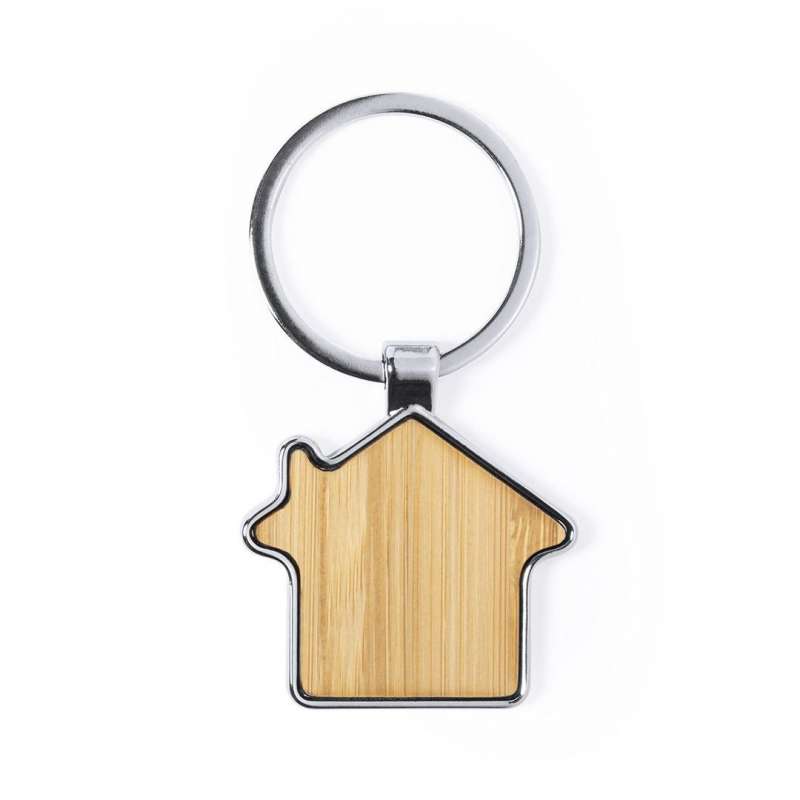 Metal and Bamboo House-Shaped Keychain at wholesale prices - Wooden keychains at wholesale prices