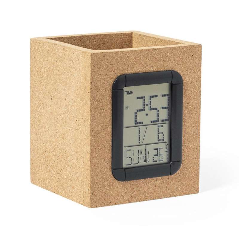 Natural Cork Multi-Function Pencil Holder with Clock - Digital thermometer at wholesale prices