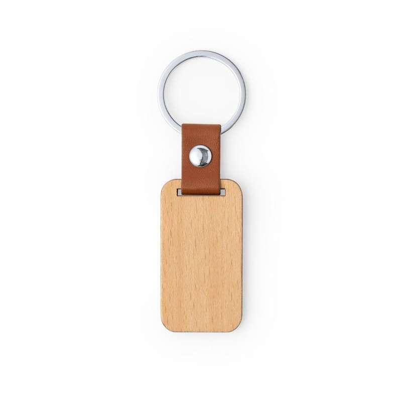 Natural Wood and Brown Faux Leather Keychain at wholesale prices - Leather and faux leather keychains at wholesale prices