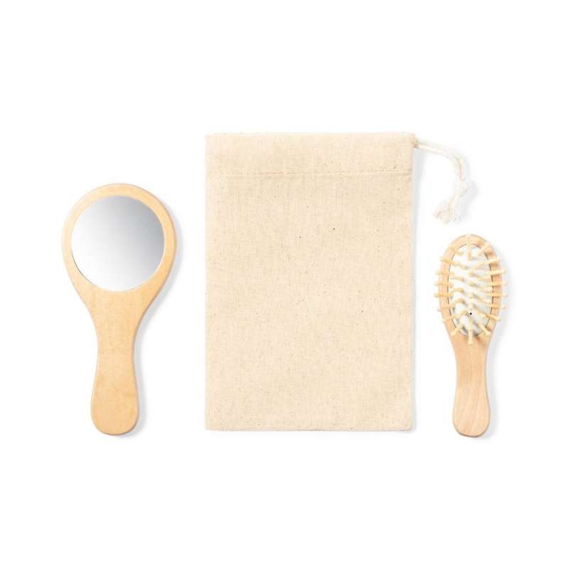 Set med spegel och borste i naturligt trä - Fickspegel till grossistpris