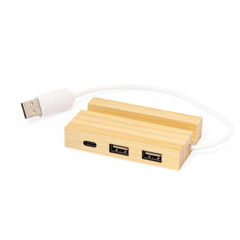 USB-port i bambus med smartphoneholder - Support telefon til engrospris