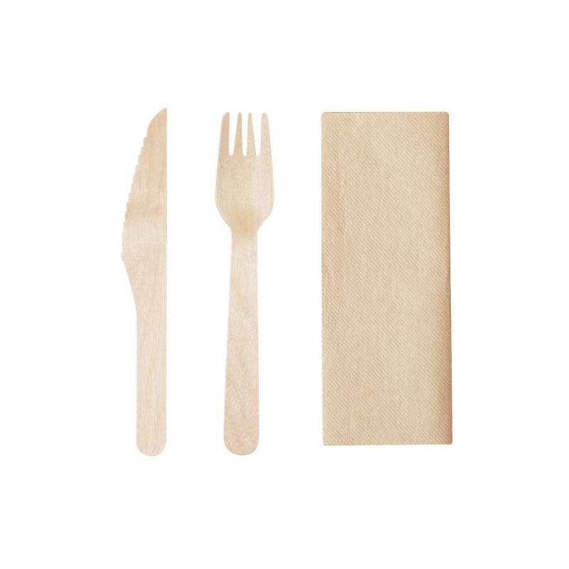 3-in-1 Set aus Naturholz mit Serviette - Besteck zu Großhandelspreisen