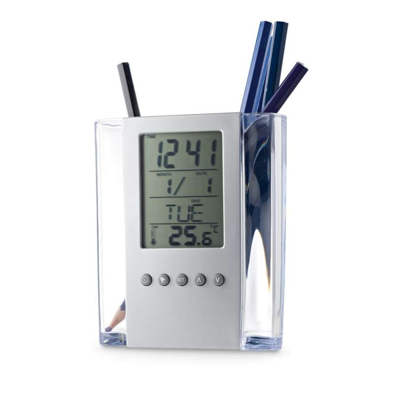 Acrylic Pen Holder with Calendar and Alarm  - Pencil holder at wholesale prices