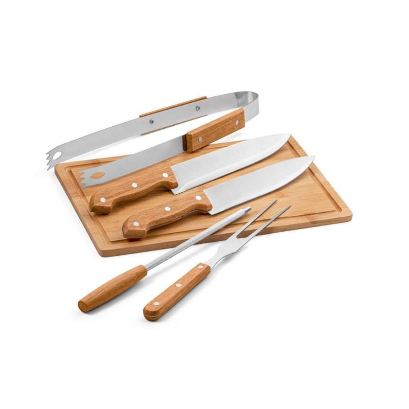 5-Piece Stainless Steel BBQ Set with Bamboo Board at wholesale prices - Wooden product at wholesale prices