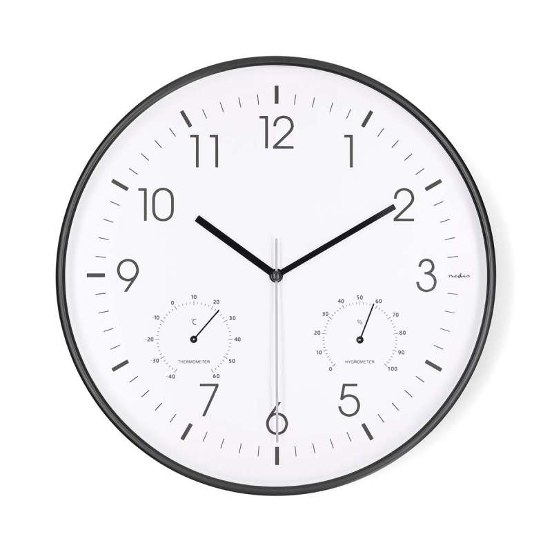 Horloge murale | Diamètre: 300 mm | Plastique | Mouvement silencieux | Thermomètre température | Hygromètre | Blanc / Noir à prix de gros - Thermomètre à prix grossiste