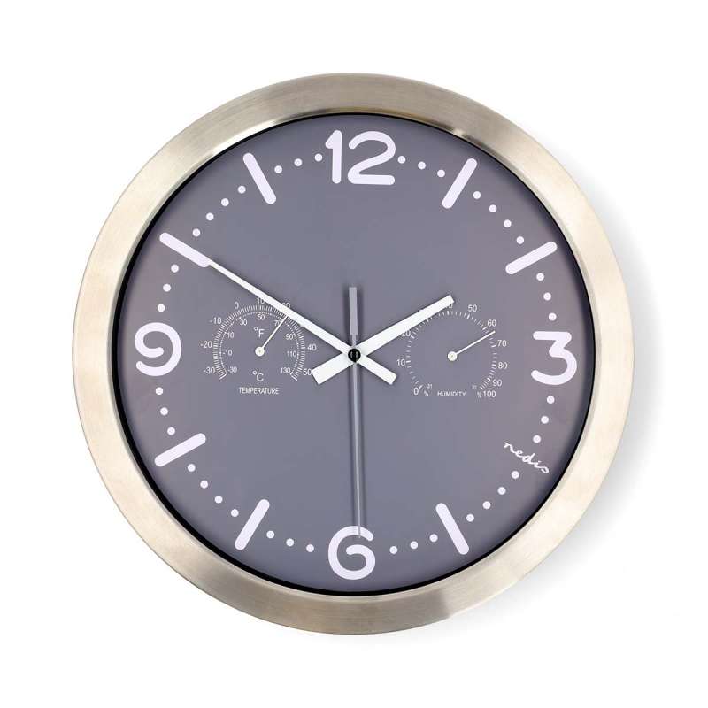 Horloge murale | Diamètre: 300 mm | Acier | Mouvement silencieux | Thermomètre température | Hygromètre | Gris / Métal - Thermomètre à prix de gros