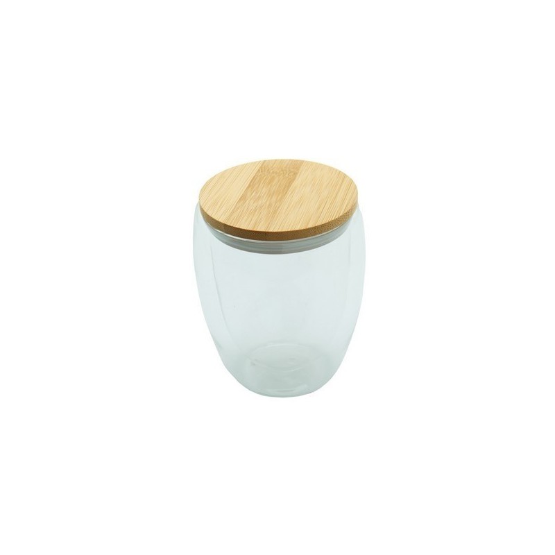 Tasse en verre double paroi 'Ocha', couvercle en bambou, 350ml - mug en bois à prix grossiste
