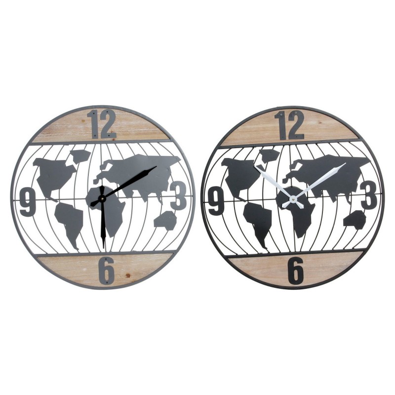 Wall Clock DKD Home Decor Black Grey Iron Wood MDF Mappemonde (2 pcs) (60 x 4.5 x 60 cm) - Article for the home at wholesale prices