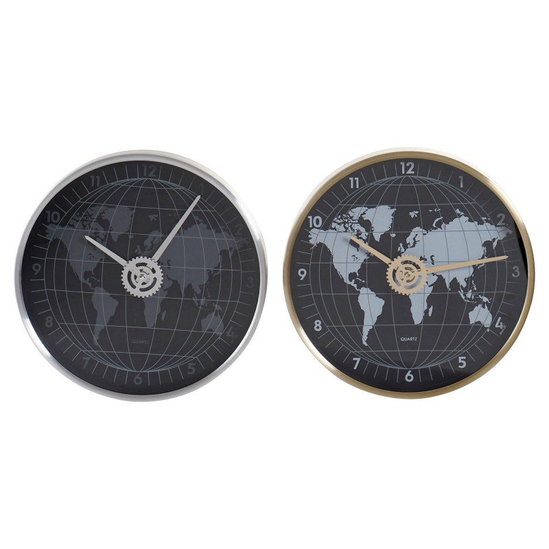 Horloge Murale DKD Home Decor Noir Aluminium Verre Doré Argenté Mappemonde (2 pcs) (30 x 4.3 x 30 cm) à prix grossiste - Article pour la maison à prix de gros