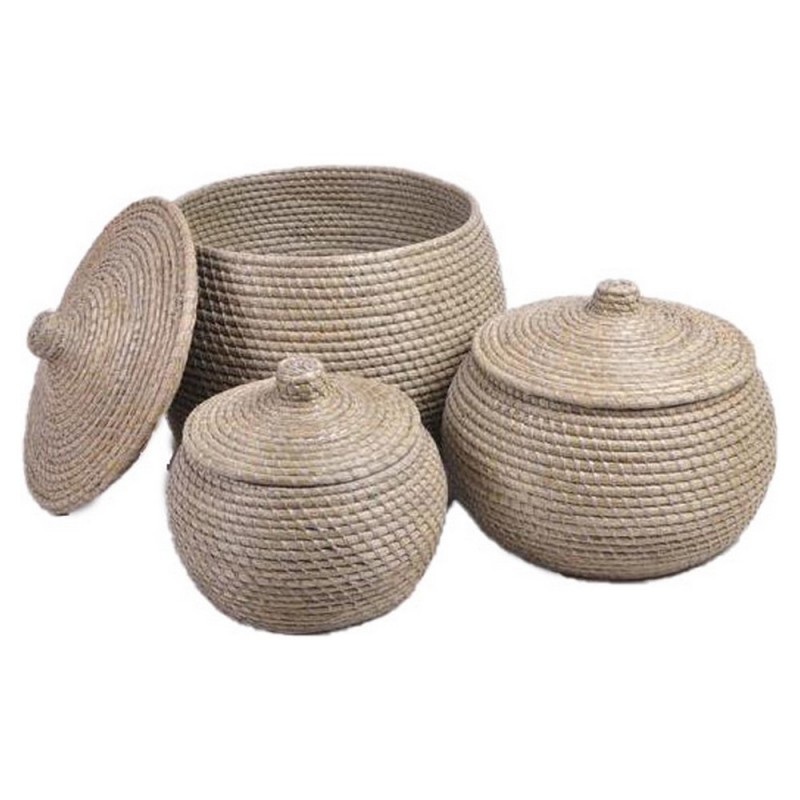 DKD Home Decor Natural Grey Seagrass Basket Set (48 x 48 x 41 cm) (3 pcs) - Article for the home at wholesale prices