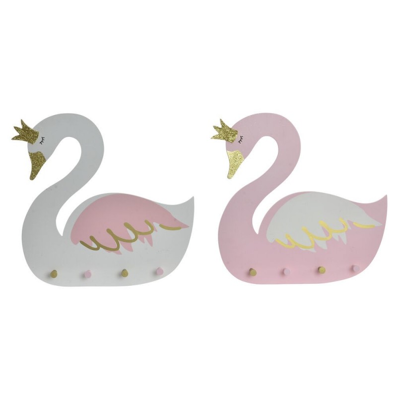 Coat hook DKD Home Decor Wood White Light Pink Swan (40 x 4 x 38.5 cm) (2 pcs) - Article for the home at wholesale prices