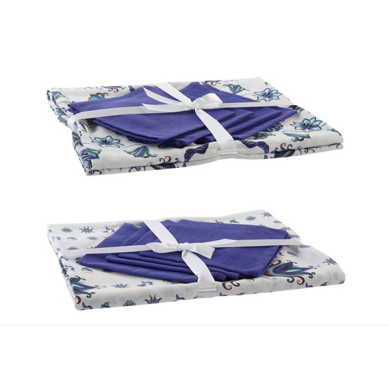 Nappe et serviettes de table DKD Home Decor Bleu Coton Blanc (150 x 150 x 0.5 cm) (36 x 35 x 0,5 cm) (2 pcs) à prix grossiste - Article pour la maison à prix de gros