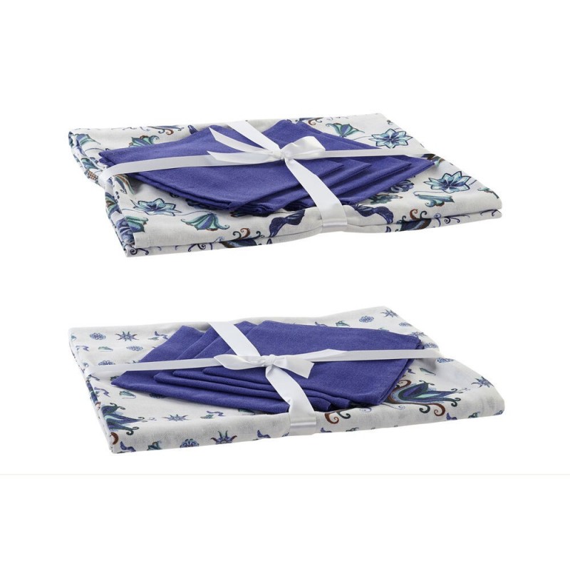 Tablecloth and napkins DKD Home Decor Blue Cotton White (150 x 150 x 0.5 cm) (36 x 35 x 0.5 cm) (2 pcs) - Article for the home at wholesale prices